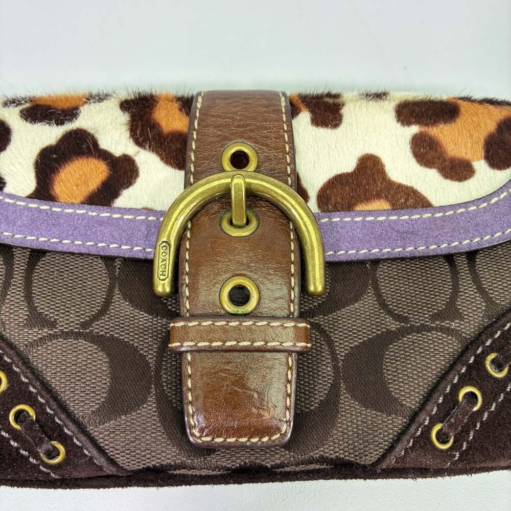 Coach Signature Canvas Leopard Print Calf Hair Purple Suede Buckle Wristlet - Picture 2 of 10